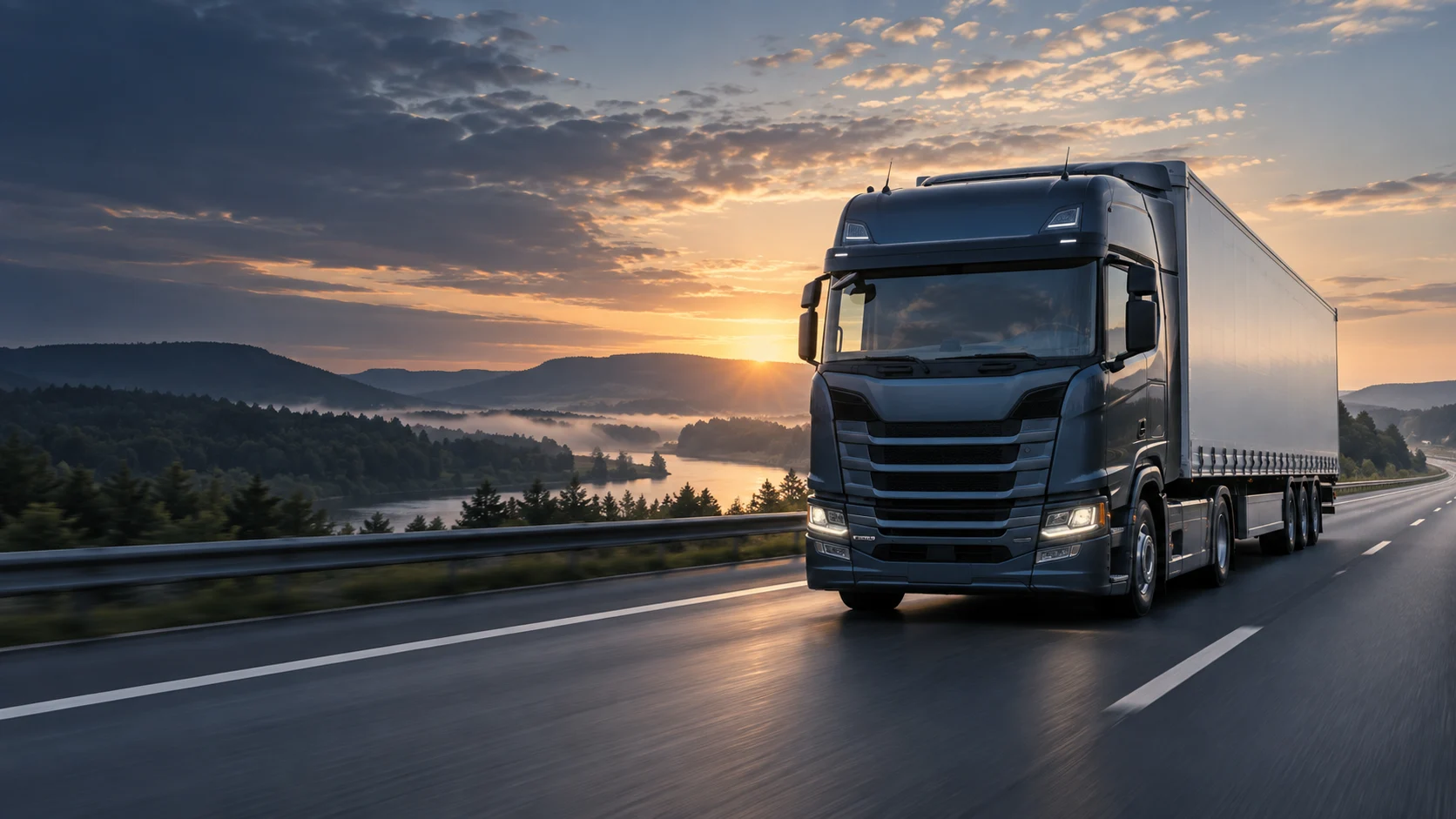 Illustration: europäischer Sattelzug auf einer Autobahn bei Sonnenaufgang